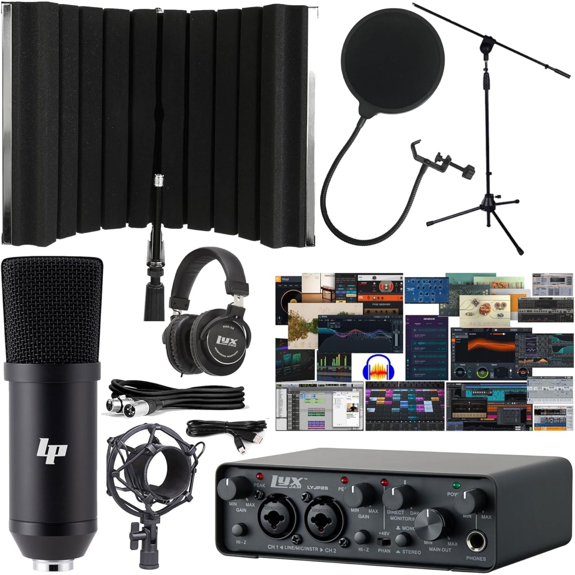 LyxJam USB Audio Interface Studio Bundle with Condenser Mic, Headphones, Phantom Power, daw