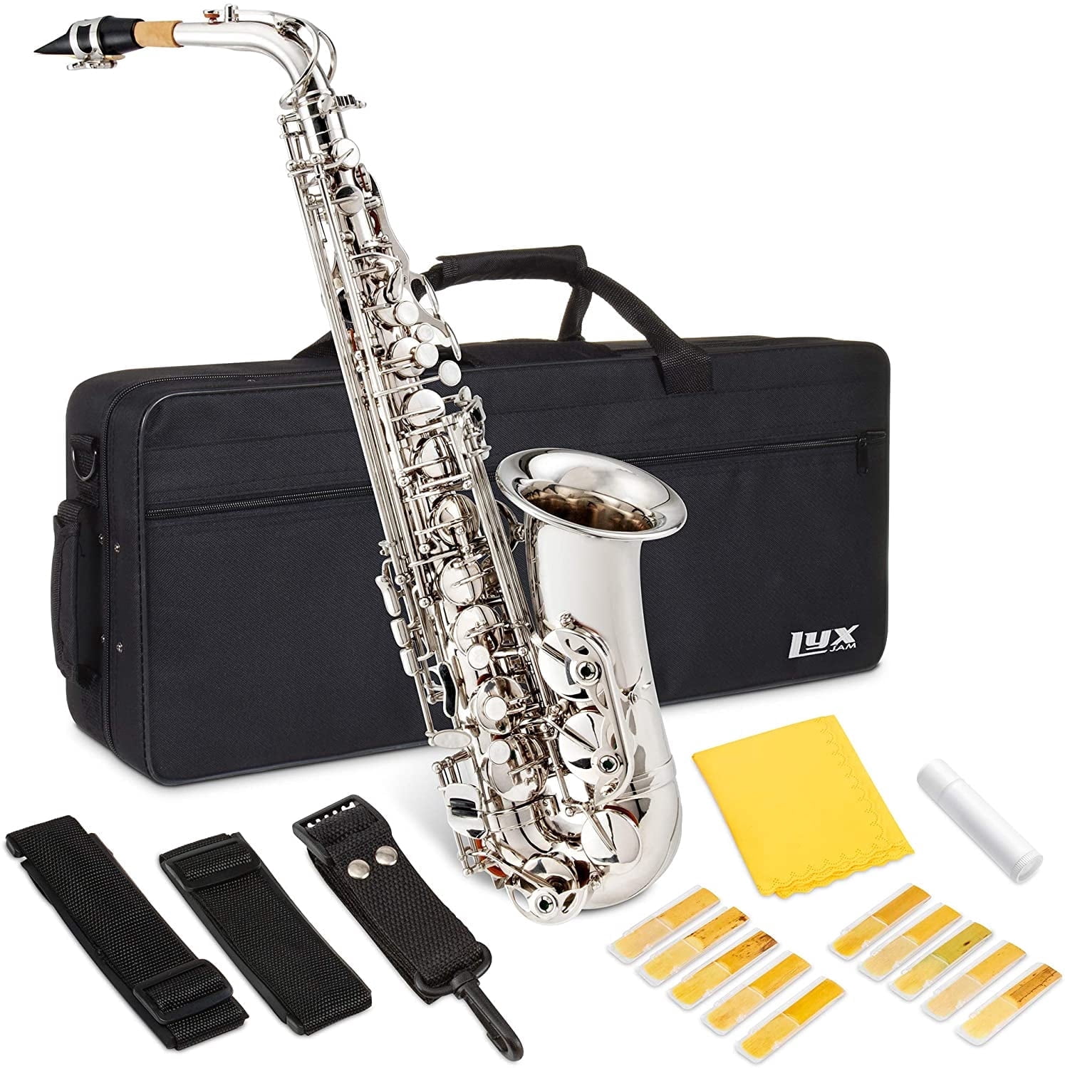 LyxJam Brass Alto Saxophone, E Flat Beginners Kit, Nickel Plated ...