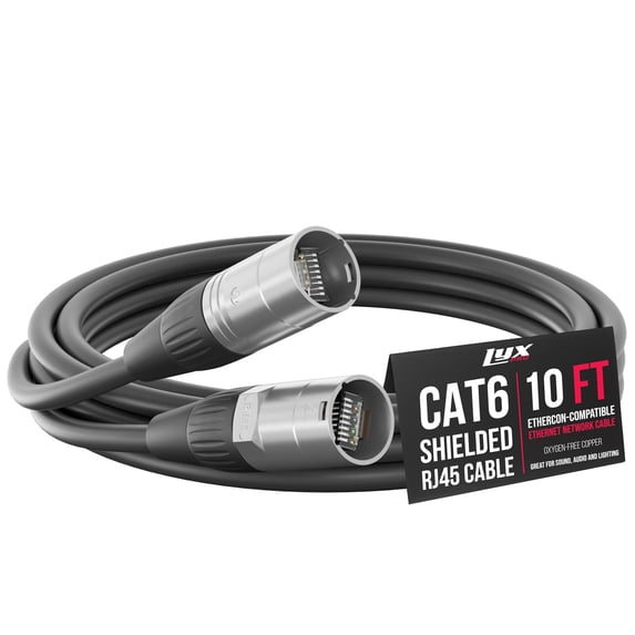 LyxPro 10 Feet Shielded CAT6 Ethercon Cable, Male to Male, Pro Audio & Lighting RJ45 Cable - Black