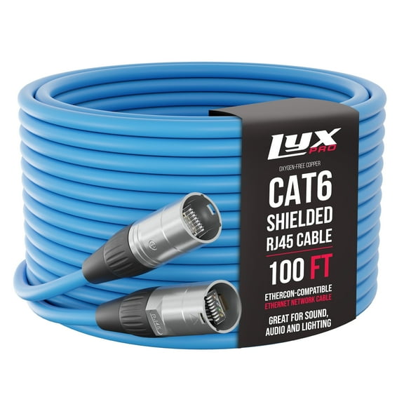 LyxPro Shielded Cat6 Cable, RJ45 Ethercon Cable - Male to Male, 100 feet, Blue