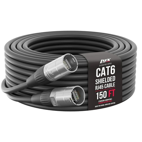 LyxPro 150ft Shielded Ethernet Cable with Ethercon Connectors, Male to Male, Black