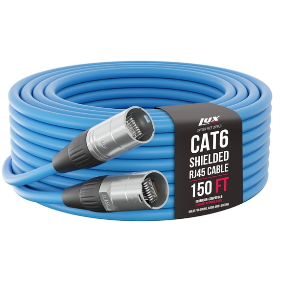 LyxPro Shielded Cat6 Cable, RJ45 Ethercon Cable - Male to Male, 150 feet, Blue