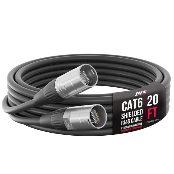 LyxPro 20 Feet Shielded CAT6 Ethercon Cable, Male to Male, Pro Audio & Lighting RJ45 Cable - Black