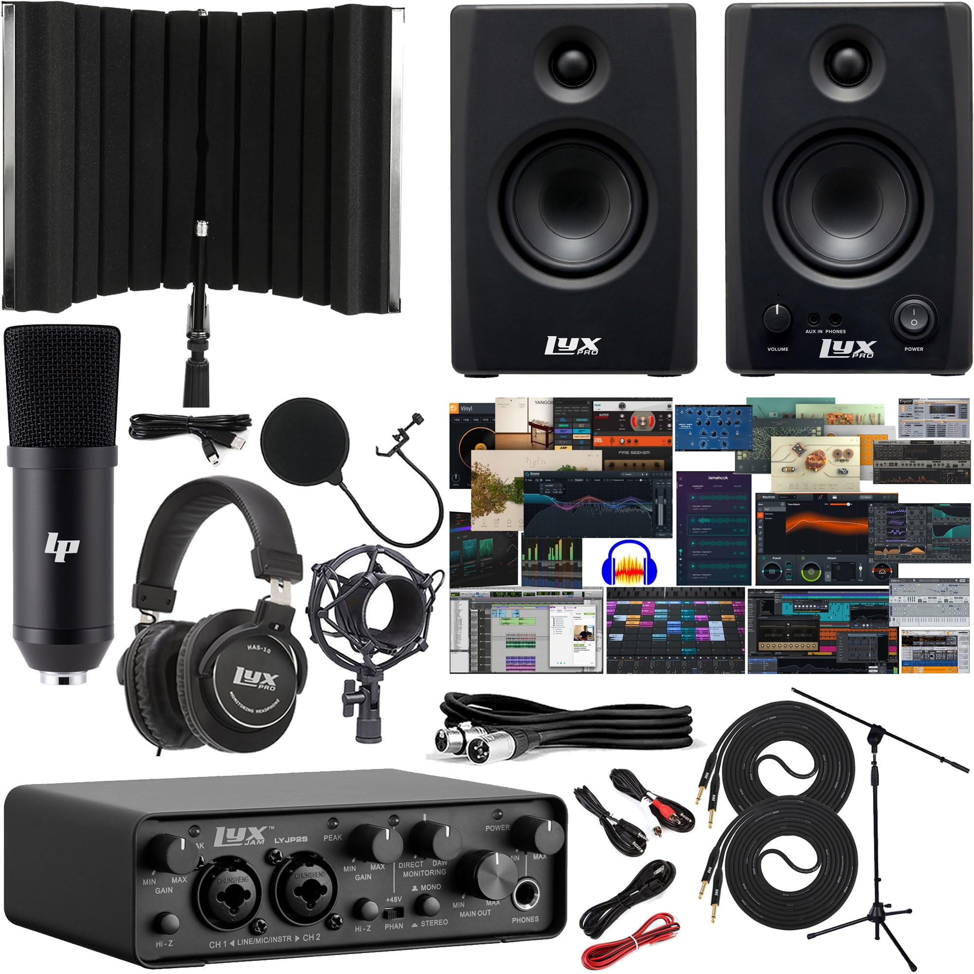 LyxPro 2x2 USB Audio Interface with Asio Driver, Software, LyxPro Studio Monitors & Isolation Shield