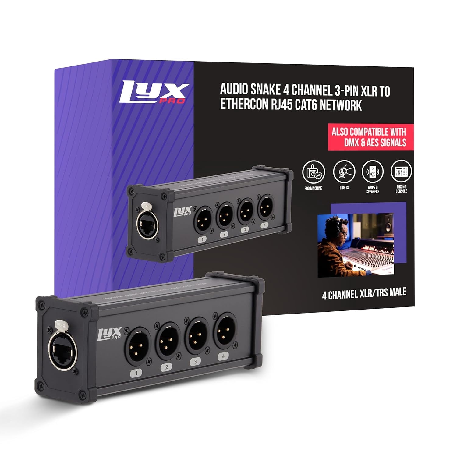 LyxPro 4‑Channel XLR to RJ45 Ethercon Male Breakout | Audio Interface Cable Snake