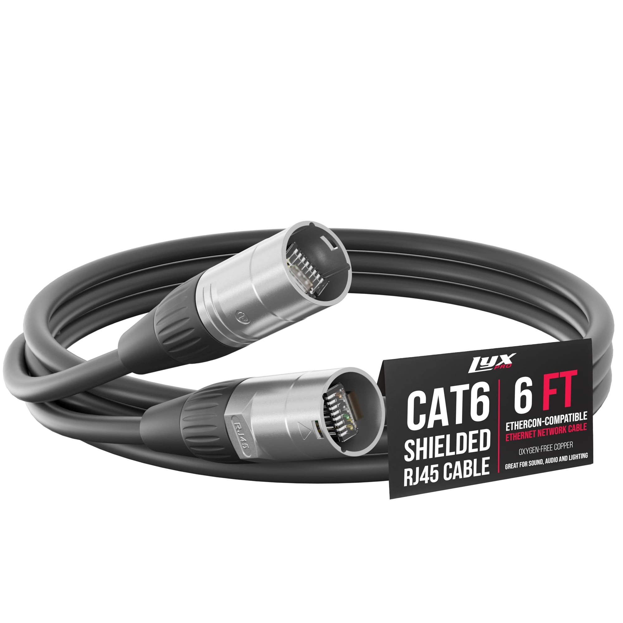 LyxPro 6 Feet Shielded CAT6 Ethercon Cable, Male to Male, Pro Audio & Lighting RJ45 Cable - Black