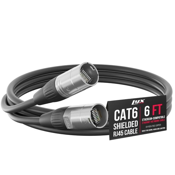 LyxPro 6 Feet Shielded CAT6 Ethercon Cable, Male to Male, Pro Audio & Lighting RJ45 Cable - Black