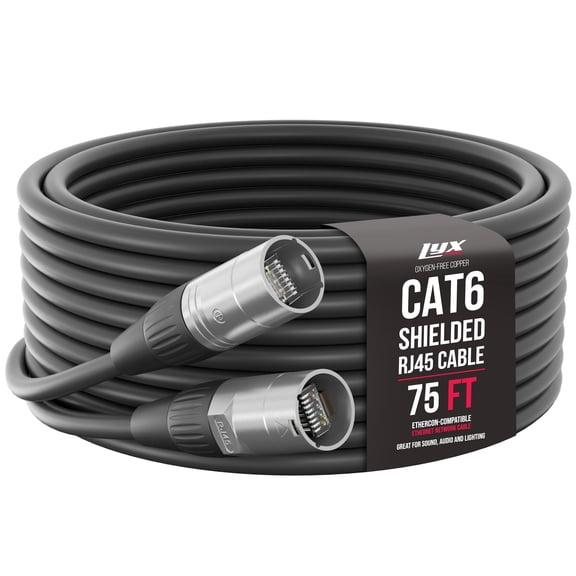 LyxPro 75 Feet Shielded CAT6 Ethercon Cable, Male to Male, Pro Audio & Lighting RJ45 Cable - Black