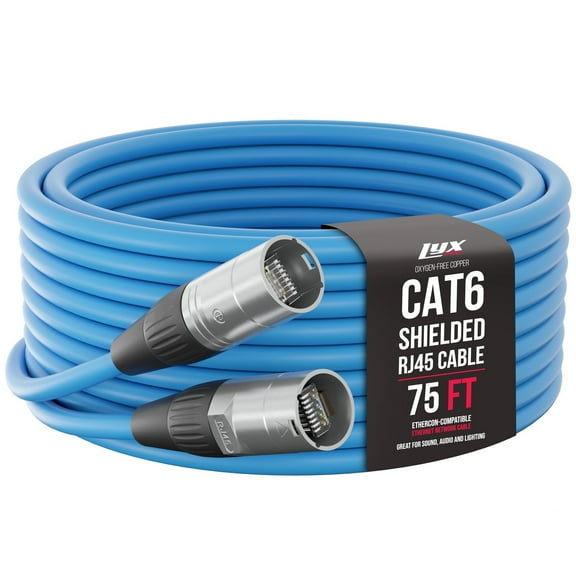LyxPro 75 Feet Shielded Cat6 Cable, RJ45 Ethercon Cable - Male to Male - Blue