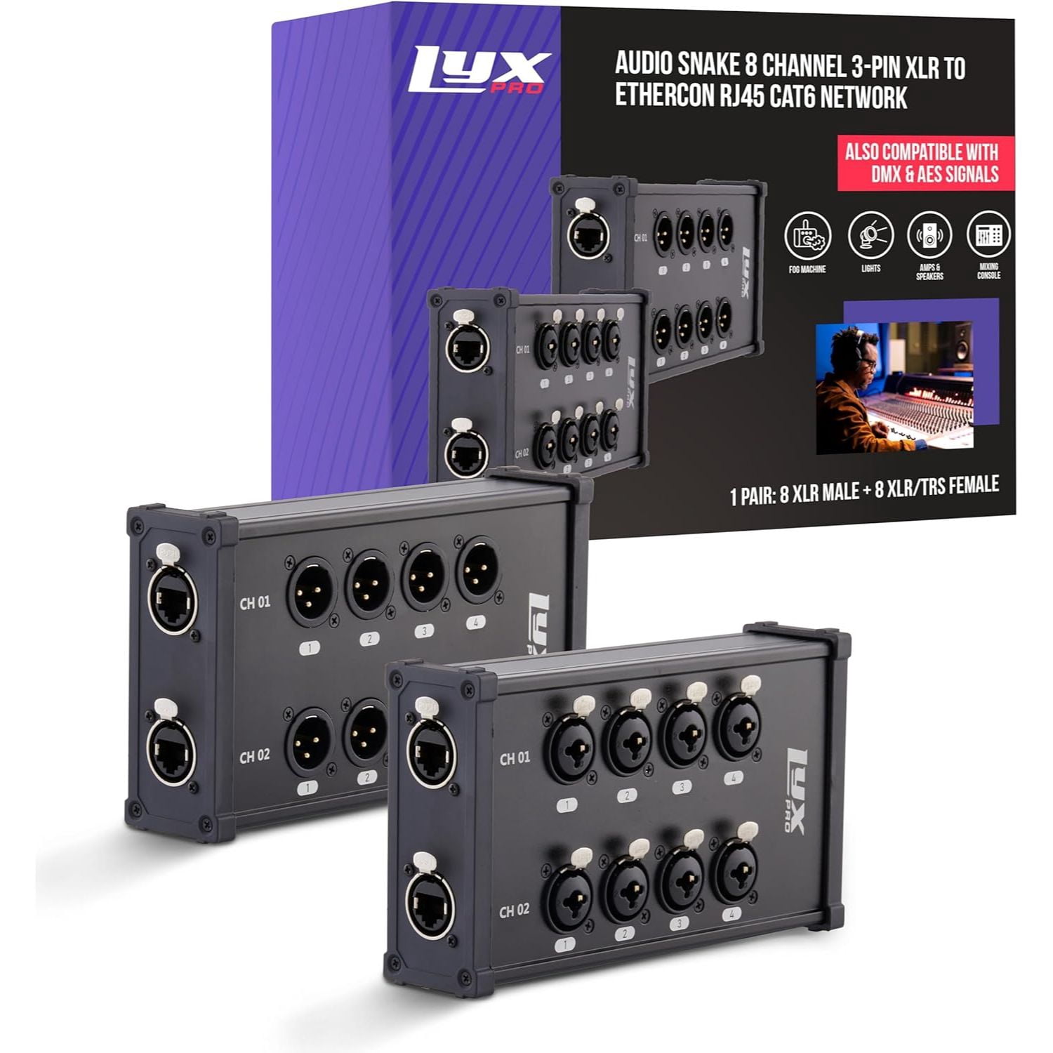 LyxPro 8-Channel Dual Input XLR/TRS to RJ45 Ethercon Cable Breakout for Sound & Lighting