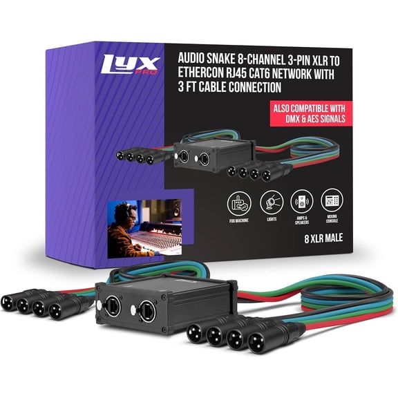 LyxPro 8-Channel Male XLR Audio Snake 3ft Cable XLR to RJ45 Ethercon for Stage, Studio & Lighting