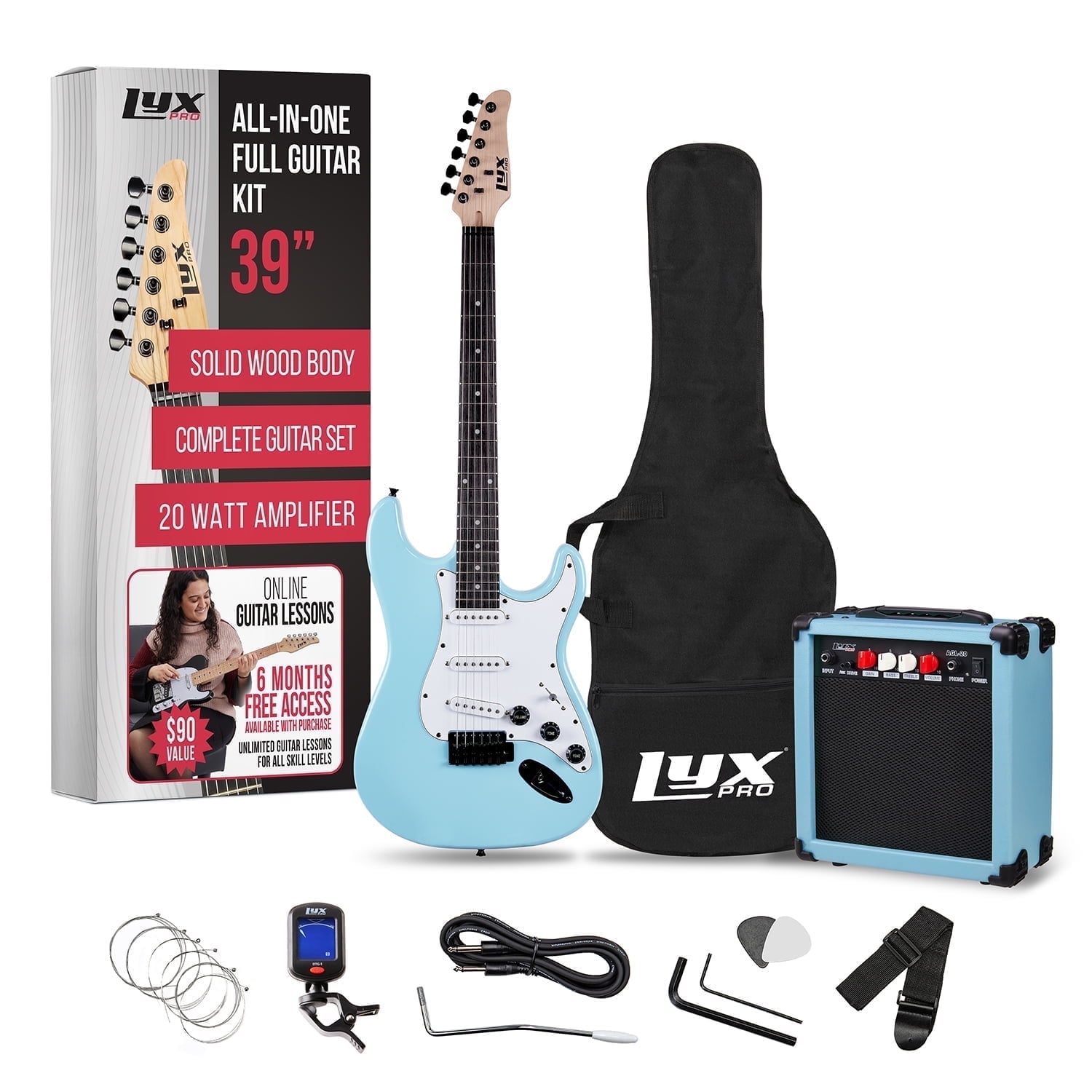 LyxPro Electric Guitar 39 Inch Beginner Kit w/ 20W Amp, Accessories - Retro Blue