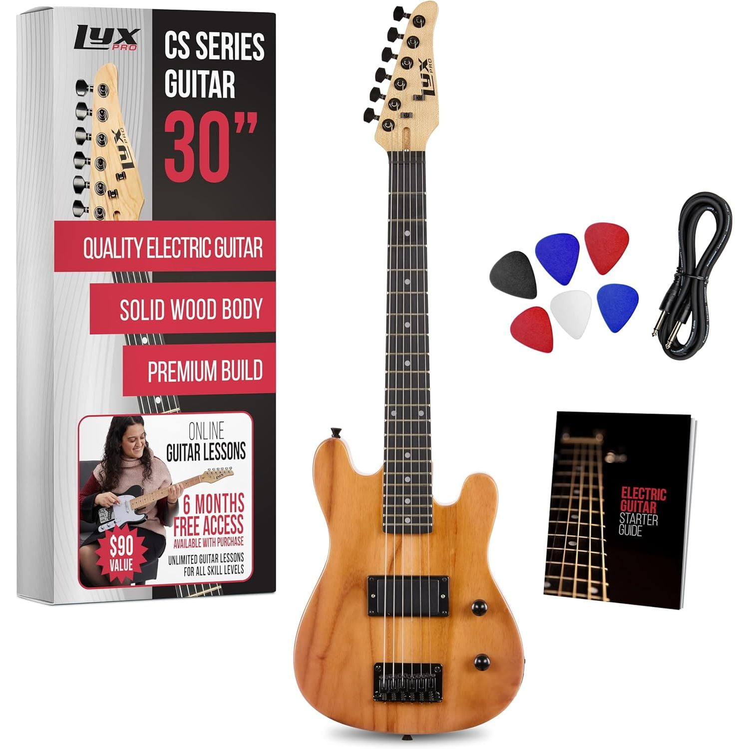 LyxPro CS 30” Beginner Electric Guitar Kit with Guitar, Amp Cable, 6 Picks & More - Natural