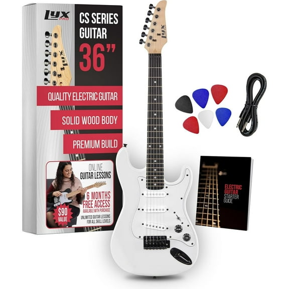 LyxPro CS 36” Beginner Electric Guitar Kit with Amp Cable, 6 Picks & Learner’s Guide - White