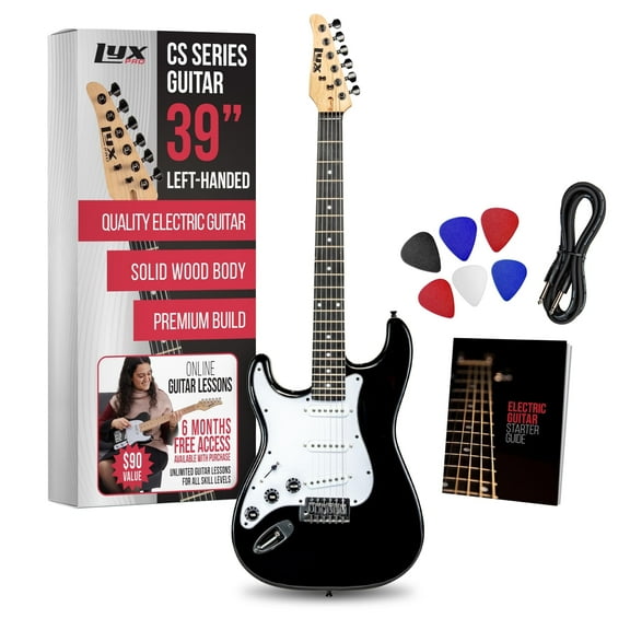 LyxPro 39" Left-Hand Electric Guitar Kit – Guitar, Amp, Picks, Cable & Guide – Black, Solid Body.