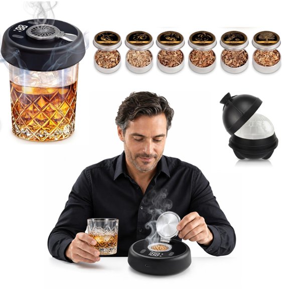 Lyxbone Electric Cocktail Smoker with LED Digital Display, Rechargeable Whiskey Smoke Infuser Kit with 6 Wood Chips & Ice Sphere Mold, USB Powered Bar Tool for Home Bartenders