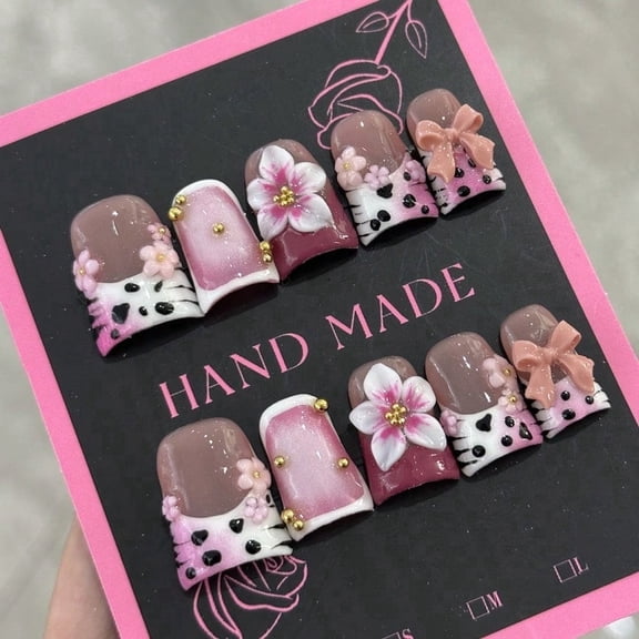 Lyxbone Luxury Press on Nails Short Duck Handmade 3D Unique Reusable ABS Material Fake Nails Pink French Tip False Nails with Designs Bow Flower Cow Print Glossy Glue on Nail Thick Acrylic Nail(M)