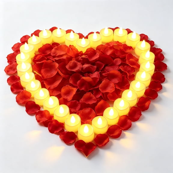Lyxbone Romantic Decor Set with 1000Pcs Artificial Rose Petals & 24Pcs Heart LED Candles, Flameless Reusable Light Kit for Valentines Day, Proposal, Wedding & Anniversary Celebration