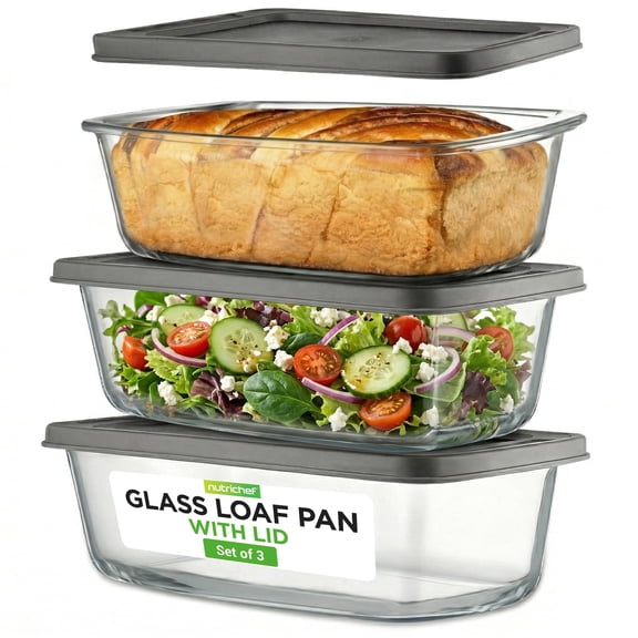 Lyzayl 4 Piece Glass Loaf Pan Set with Lids - Stackable 1.9 QT/62oz Glass Bread Baking Dishes - 2 Food Storage Containers + 2 Airtight Lids, Oven & Microwave Safe, Dishwasher Safe - Clear