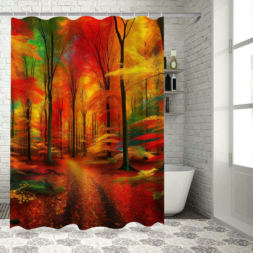 Lzatpd Autumn Shower Curtain Fall Forest Shady Deciduous Trees And Faded Leaf Magic Woodland 6686