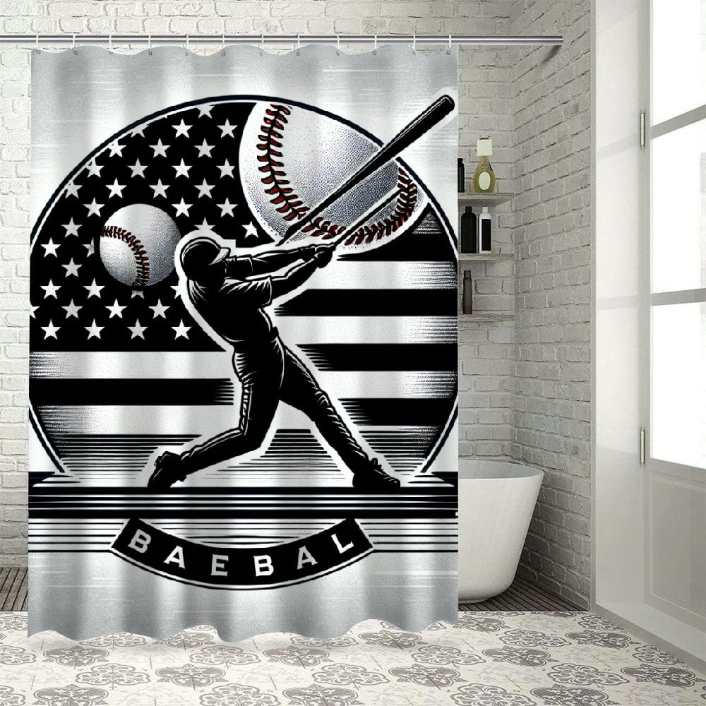 Lzatpd Baseball Bath Curtain,Ball Games Sports Themed Bathroom Shower