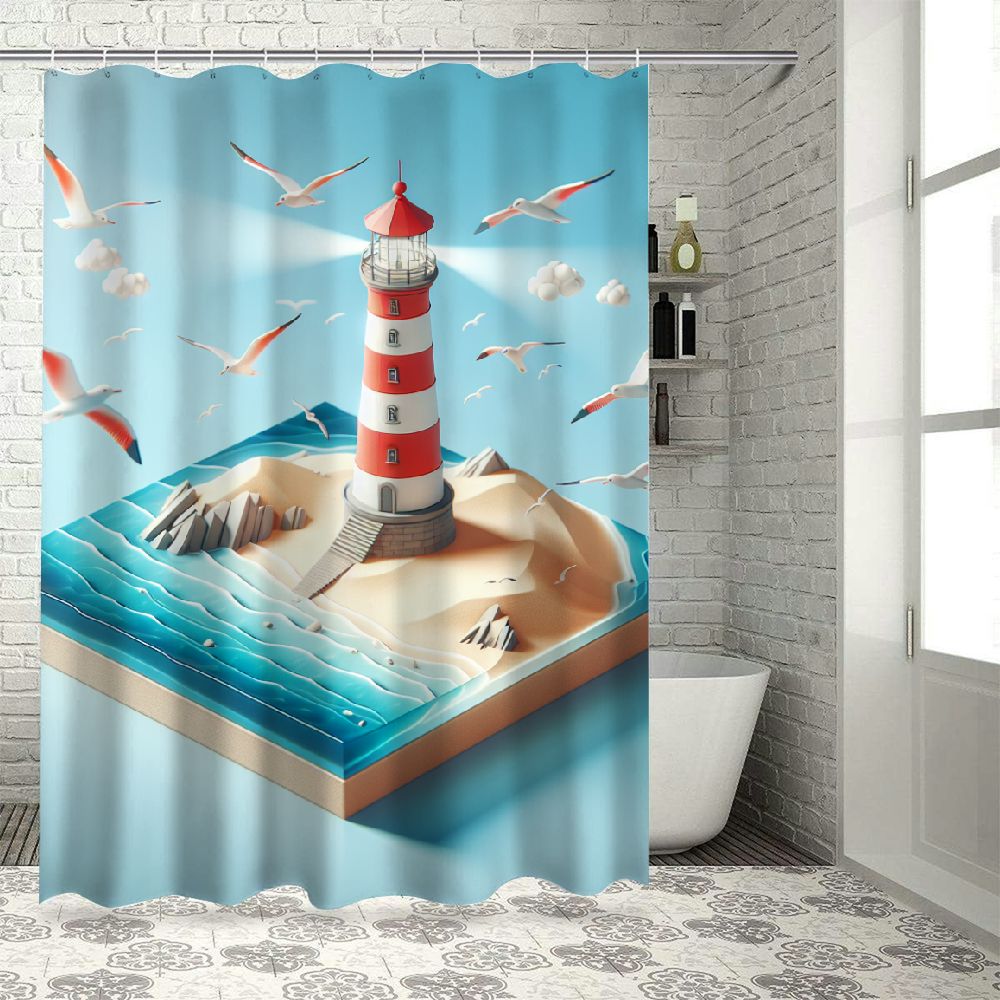 Lzatpd Beach Shower Curtain, Realistic Illustration on Calm Seashore