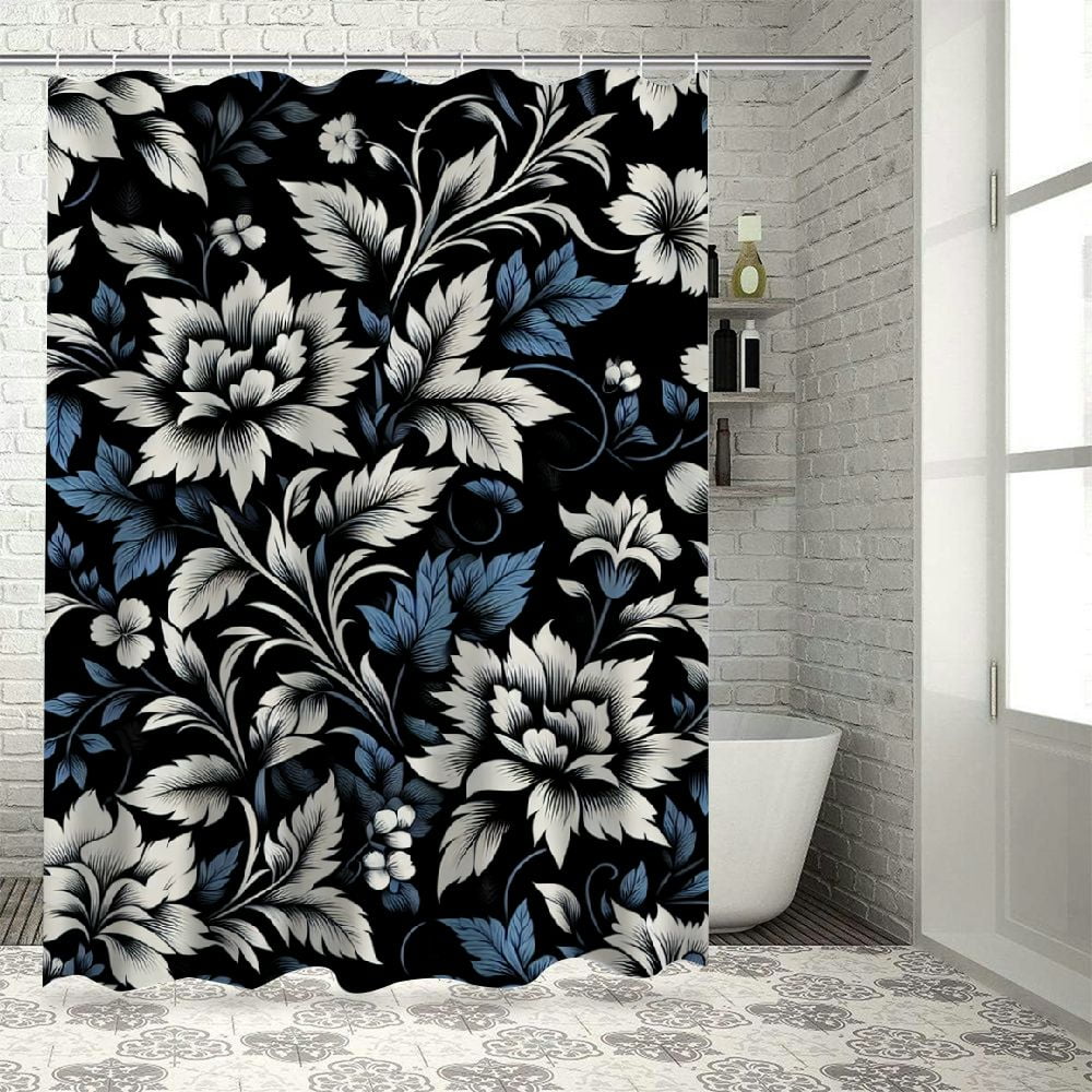Black Floral Shower Curtain - Boho Pink Rose Watercolor Bath Curtain 70x70 Inches With Hooks