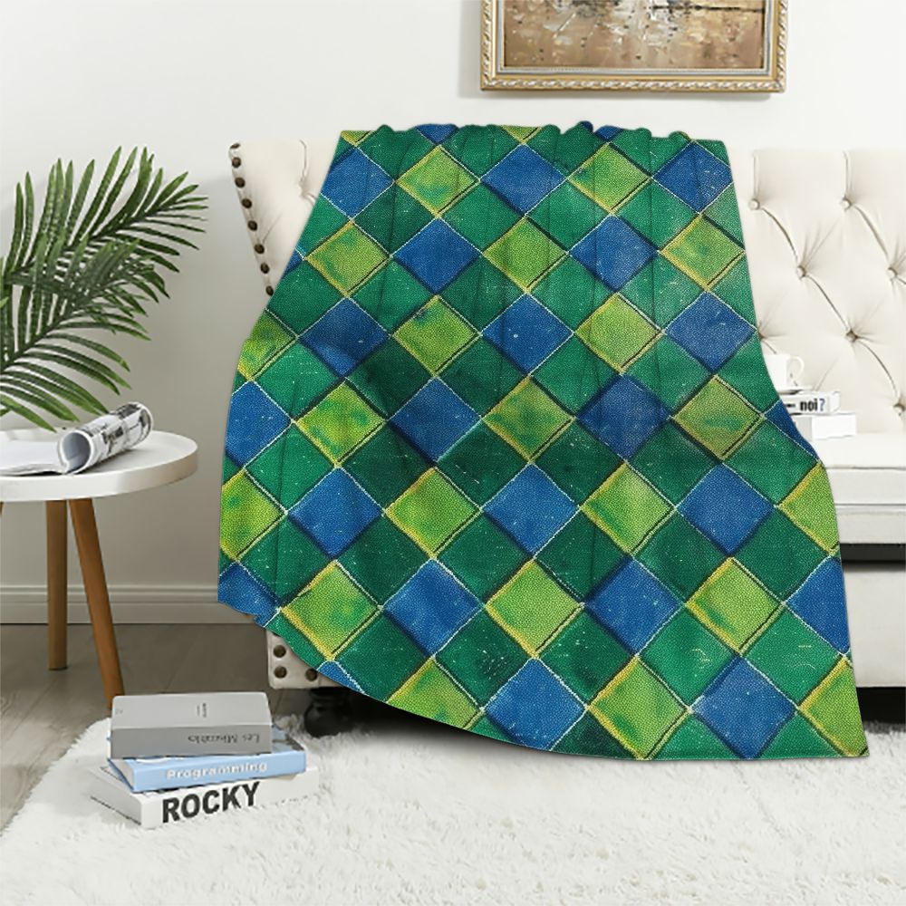 Lzatpd Blue Green Throw Blanket, Graphic Argyle Pattern Old Fashioned