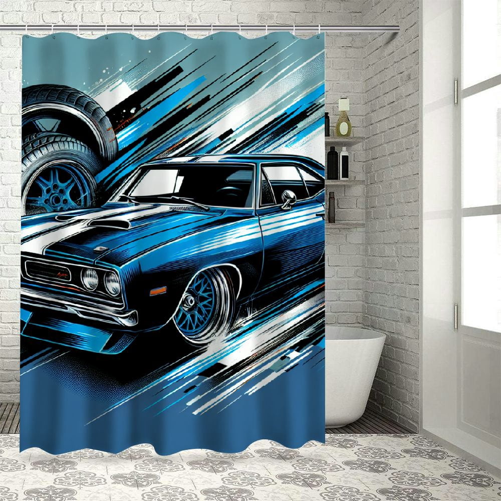 Lzatpd Blue Sports Car Shower Curtain for Kids Boys Men,Graffiti Race