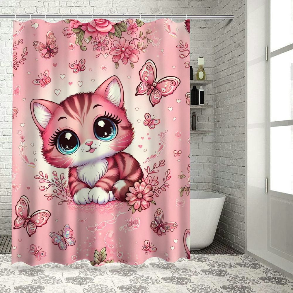 Lzatpd Cat Kids Shower Curtain for Girls Teen, Cat Butterfly Bath