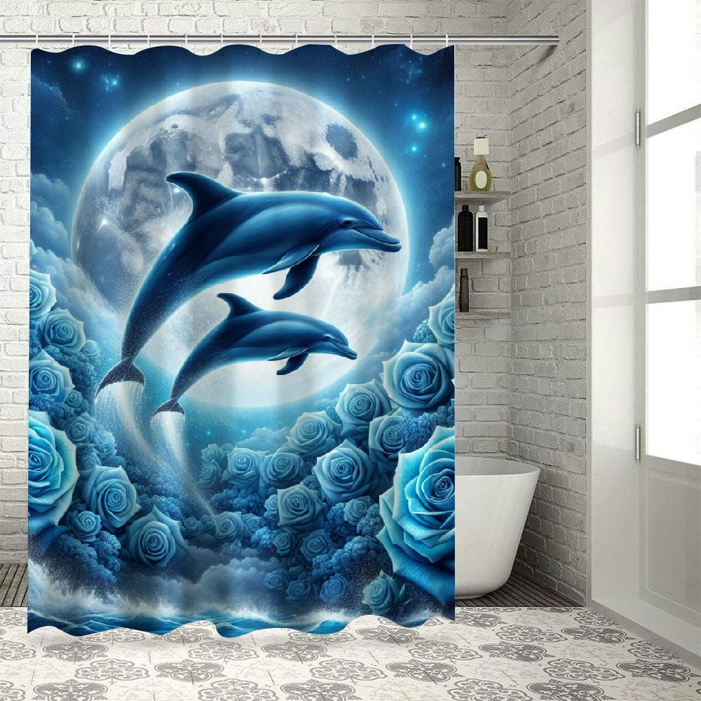 Lzatpd Catrtoon Dolphin Shower Curtain Bathroom Blue Dolphin Curtain Cloth Fabric Bathroom for
