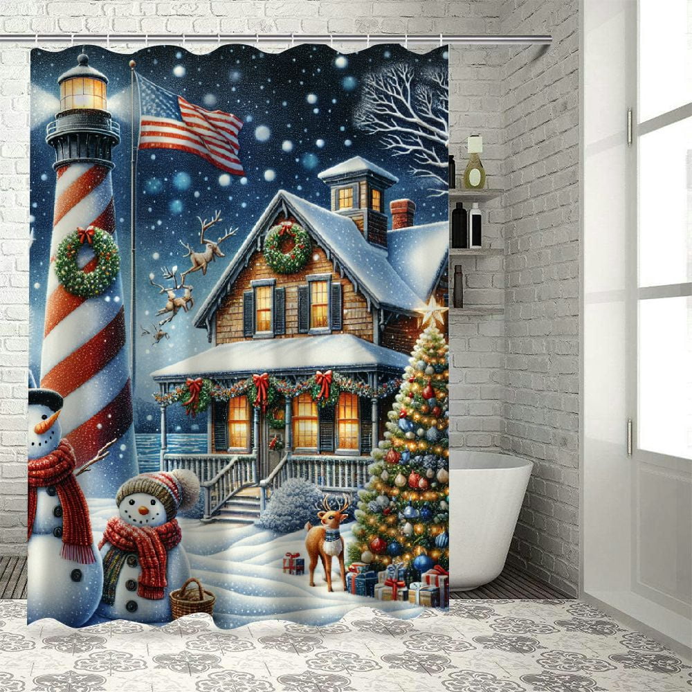 Lzatpd Christmas Shower Curtain,Xmas Snowman Elk Farmhouse Full Moon ...