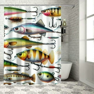 Fish Shower Curtain, Bait Pattern On Rustic Boards Fishing Themed Photography Hobby Outdoors Illustration, Cloth Fabric Bathroom Decor Set with Hooks