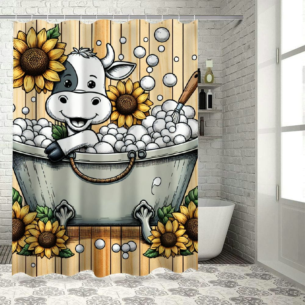 Lzatpd Funny Cow Shower Curtain Farmhouse Rustic Cows Sunflower Floral