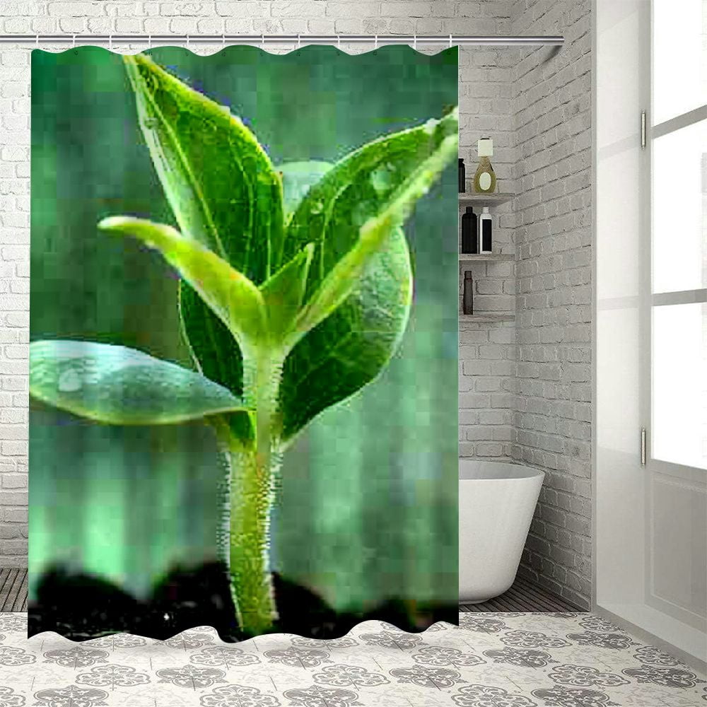 Lzatpd Green and Black Shower Curtain Seedling Plant Tropical Theme for