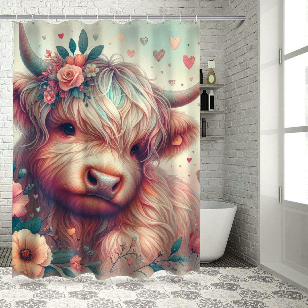 Lzatpd Highland Cattle Shower Curtain Set Valentine's Day Bath Curtain