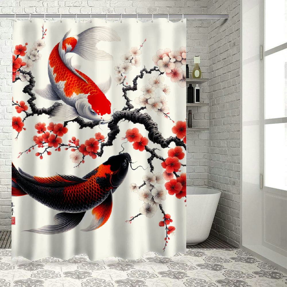 Lzatpd Japanese Shower Curtain, Koi Carp Fish Couple Swimming Cherry