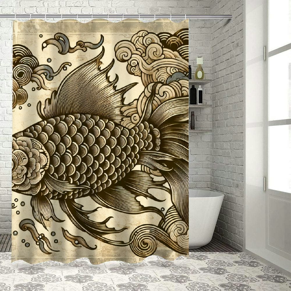Lzatpd Japanese Shower Curtain, Style Oriental Water Koi Carp Fish