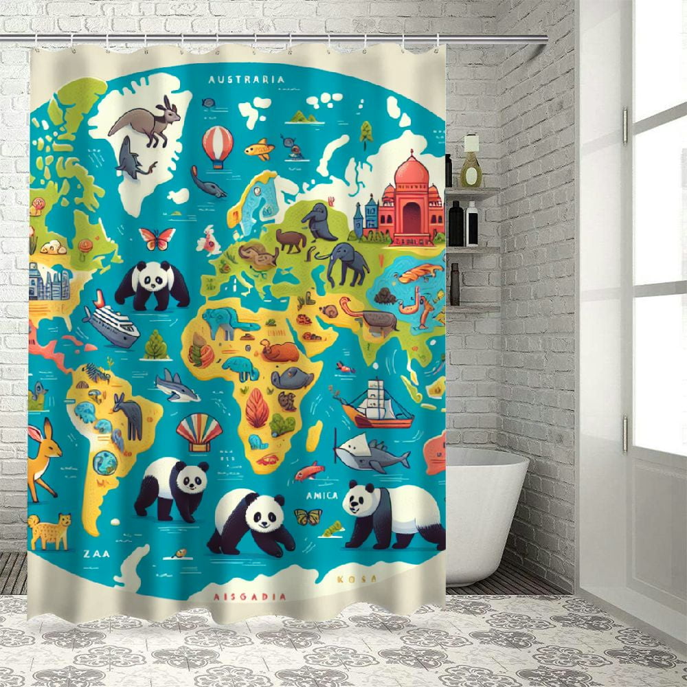 Lzatpd Kid Cartoon Animal World Map Shower Curtain Cute Sea Animals