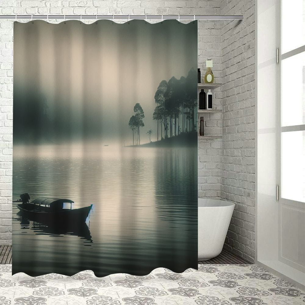 Lzatpd Landscape Shower Curtain, Boat on The Lake Silhouettes Trees on