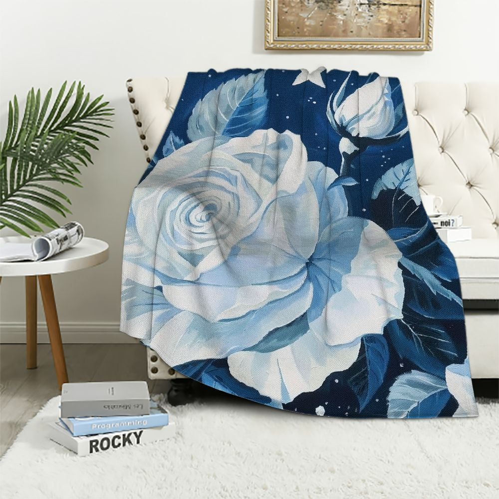 Lzatpd Navy Watercolor Flowers Boho Roses Blanket Navy Blue Throw