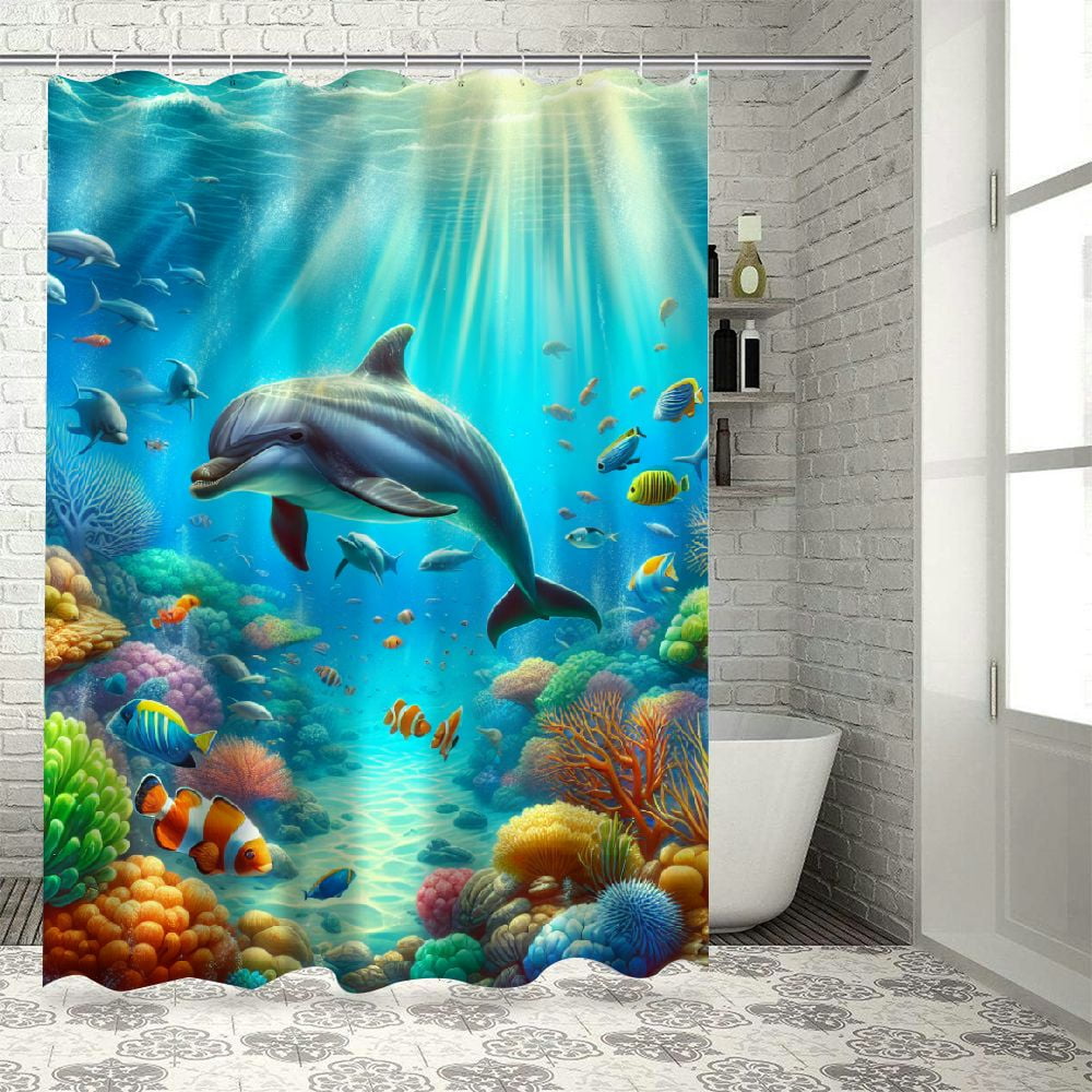 Lzatpd Ocean Shower Curtain,Cartoon Under Sea Animal Whales Fishes and ...