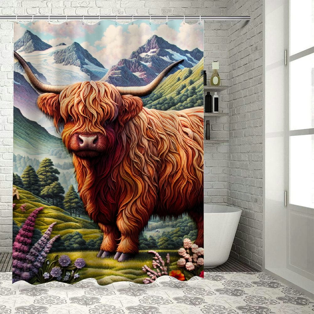 Lzatpd Prairie Cattle Shower Curtain, Watercolor Floral Art Print Western Wildlife Longhorn