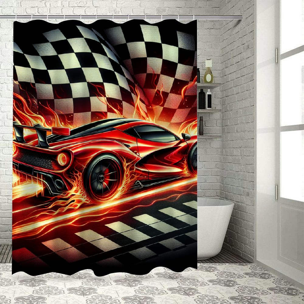 Lzatpd Racing Shower Curtain for Kids Bathroom, Racing Flag Black and White Grid Boys Birthday