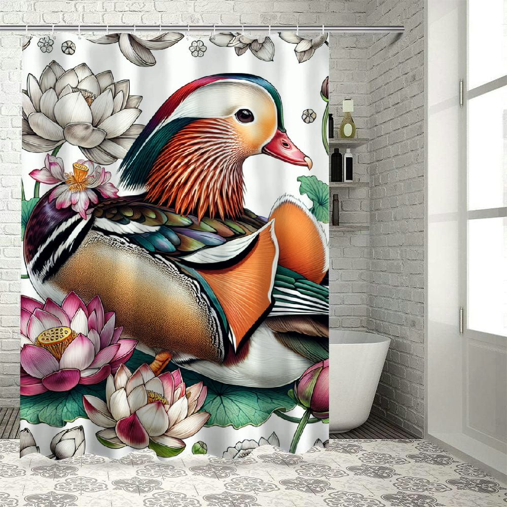 Lzatpd Rubber Duck Stall Shower Curtain, Mandarin Duckling in Pond with