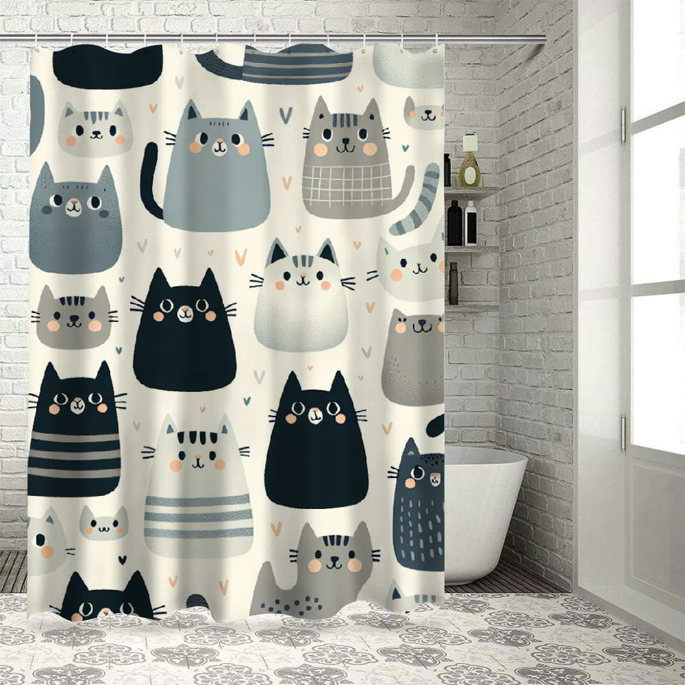 Lzatpd Shower Curtain, Cartoon Grey Cat Shower Curtain, Bathroom Decor