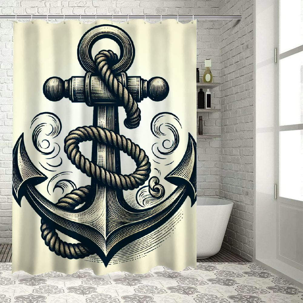 Lzatpd Shower Curtain, Hand Drawn Marine Vintage Design Sails Boat Cruise, Cloth Fabric Bathroom
