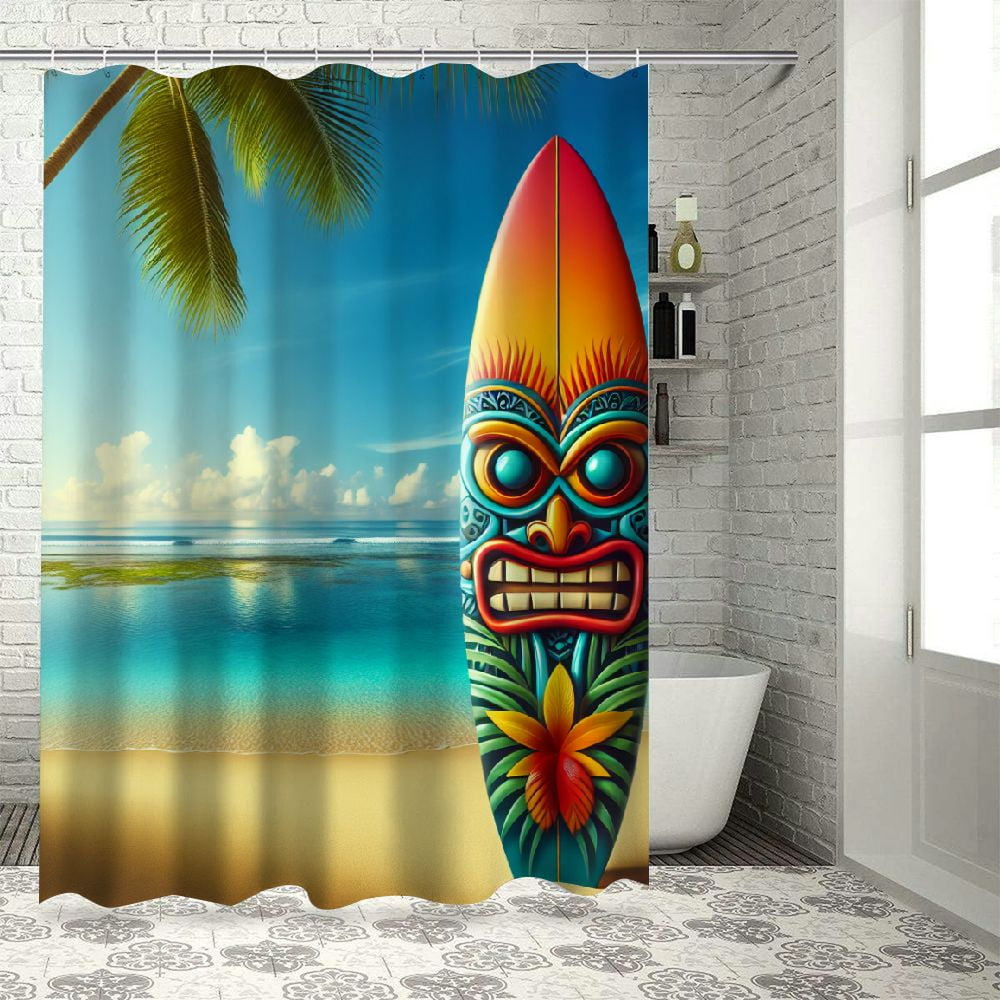 Lzatpd Shower Curtain, Tiki Warrior Design on Abstract Landscape Print