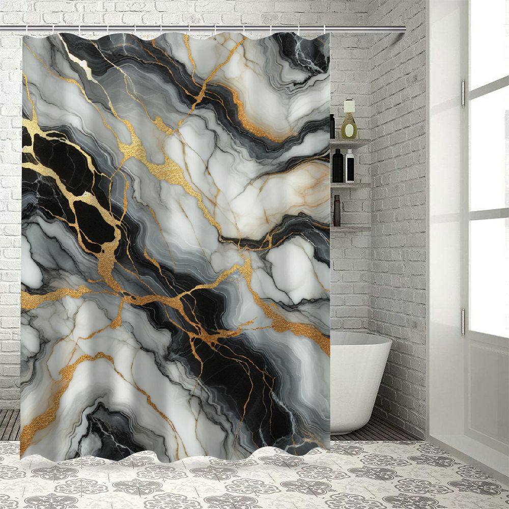 Lzatpd Small Stall Shower Curtain, Narrow Half Abstract Grey Marble Shower Curtain, Modern Ink