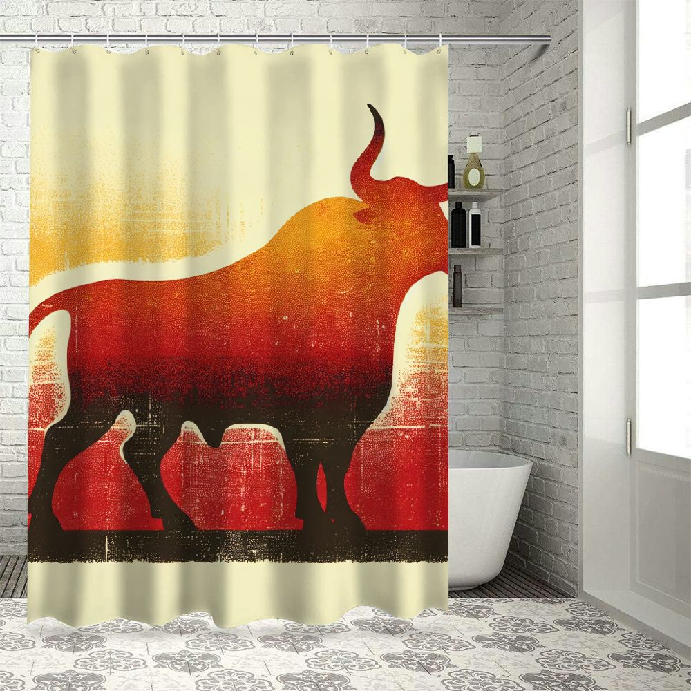 Lzatpd Spanish Shower Curtain, Bull Silhouette on Spanish Flag Grunge